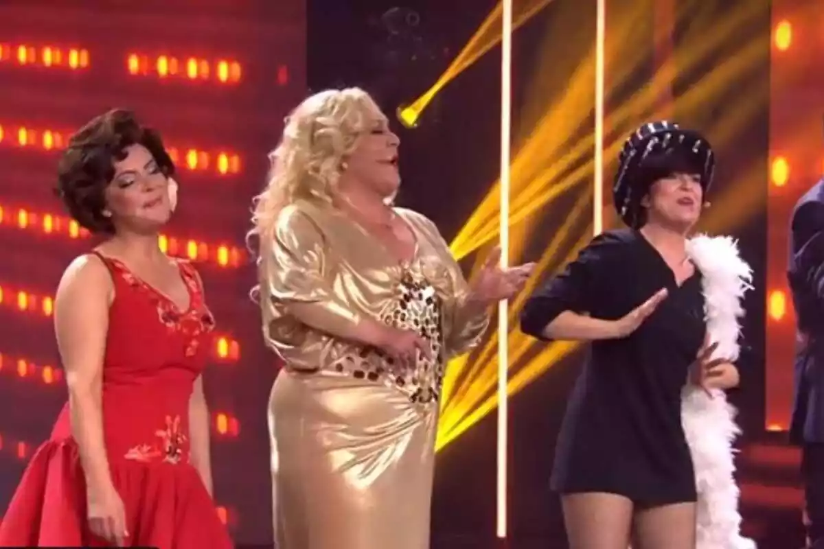 Captura de 'Tu cara me suena' con Merche, Falete y Roko cantando Captura de 'Tu cara me suena' con Merche, Falete y Roko cantando