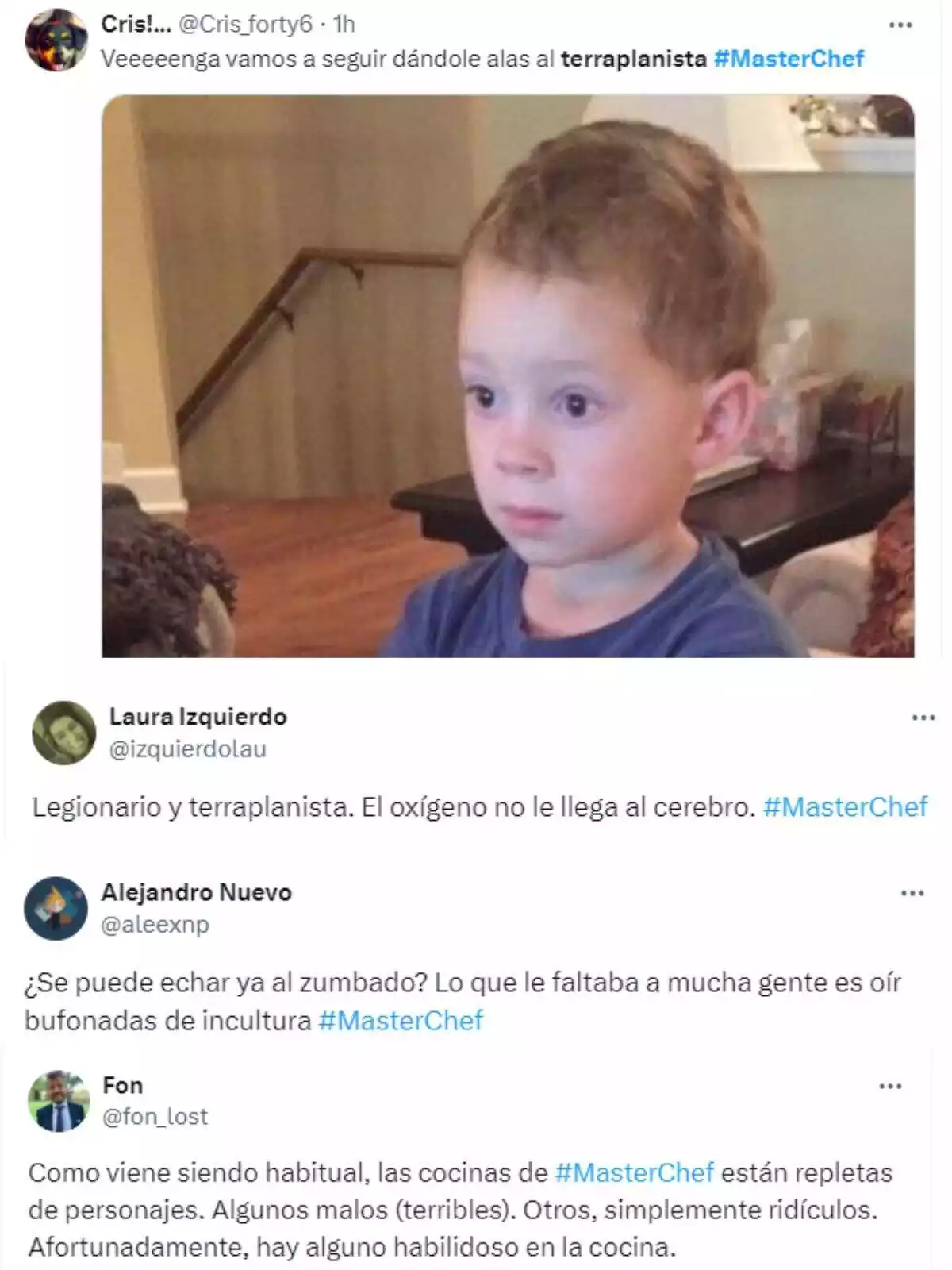 Montaje de unos tweets criticando a David, el concursante terraplanista de MasterChef Montaje de unos tweets criticando a David, el concursante terraplanista de MasterChef