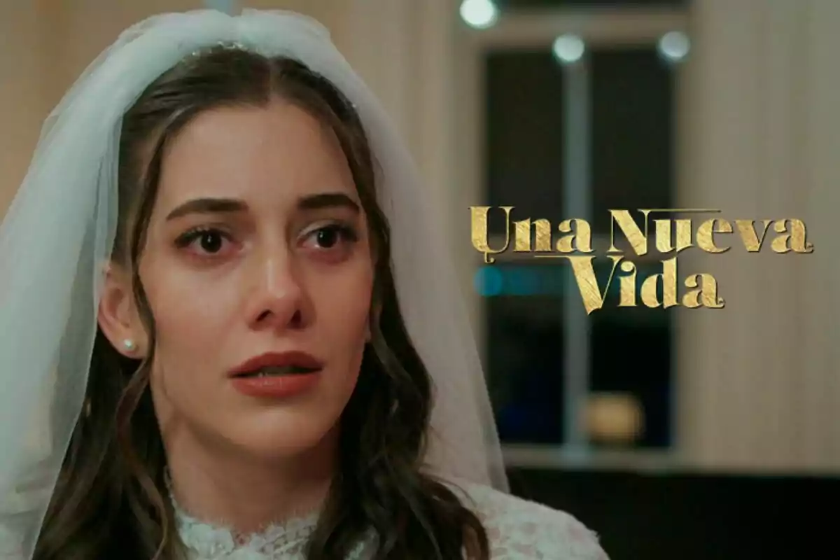 Suna con velo de novia y expresión emotiva junto al texto "Una Nueva Vida".
