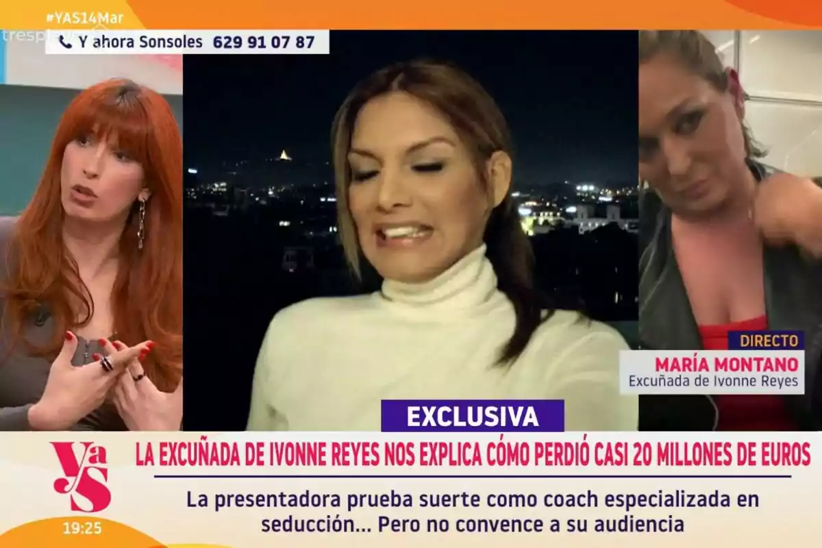 En la imagen se muestra Y ahora Sonsoles con tres mujeres en pantalla dividida, Valeria Vegas, una de ellas es entrevistada sobre la pérdida de una gran suma de dinero, mientras que el texto en la parte inferior menciona que la presentadora intenta ser coach de seducción sin éxito. En la imagen se muestra Y ahora Sonsoles con tres mujeres en pantalla dividida, Valeria Vegas, una de ellas es entrevistada sobre la pérdida de una gran suma de dinero, mientras que el texto en la parte inferior menciona que la presentadora intenta ser coach de seducción sin éxito.
