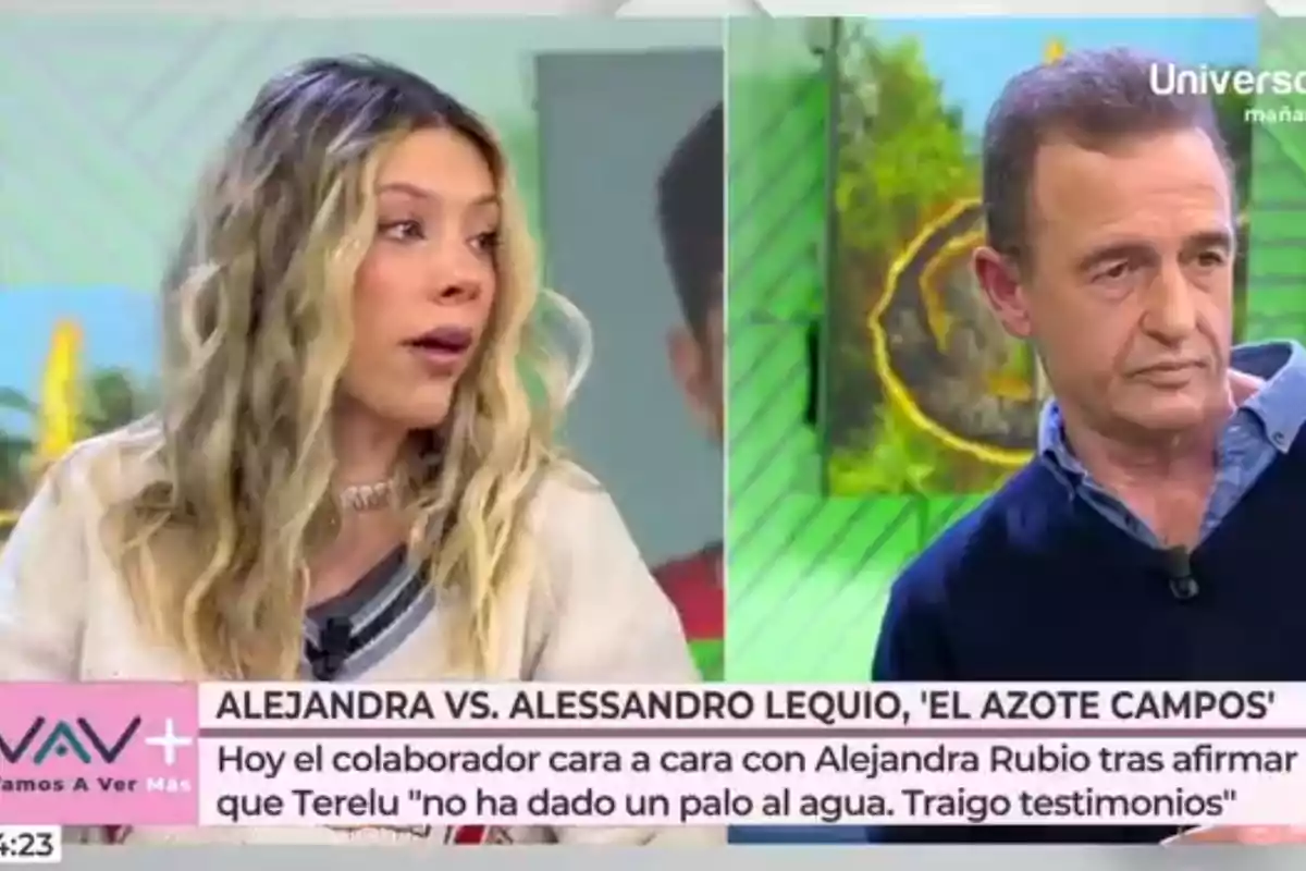 Alejandra Rubio y Alessandro Lequio en un programa de televisión discuten sobre un tema controversial, con un texto en la parte inferior que menciona un enfrentamiento entre Alejandra y Alessandro Lequio. Captura de 'Vamos a ver' Alejandra Rubio y Alessandro Lequio en un programa de televisión discuten sobre un tema controversial, con un texto en la parte inferior que menciona un enfrentamiento entre Alejandra y Alessandro Lequio. Captura de 'Vamos a ver'