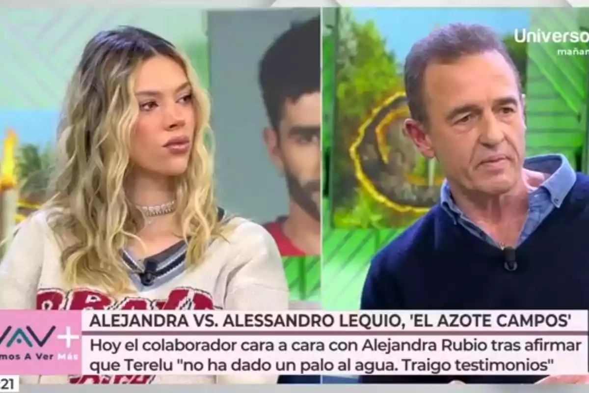 Alejandra Rubio y Alessandro Lequio están sentados en un set de televisión durante un programa de entrevistas, con un gráfico en la pantalla que menciona una discusión entre Alejandra y Alessandro Lequio. Captura de 'vamos a ver' Alejandra Rubio y Alessandro Lequio están sentados en un set de televisión durante un programa de entrevistas, con un gráfico en la pantalla que menciona una discusión entre Alejandra y Alessandro Lequio. Captura de 'vamos a ver'