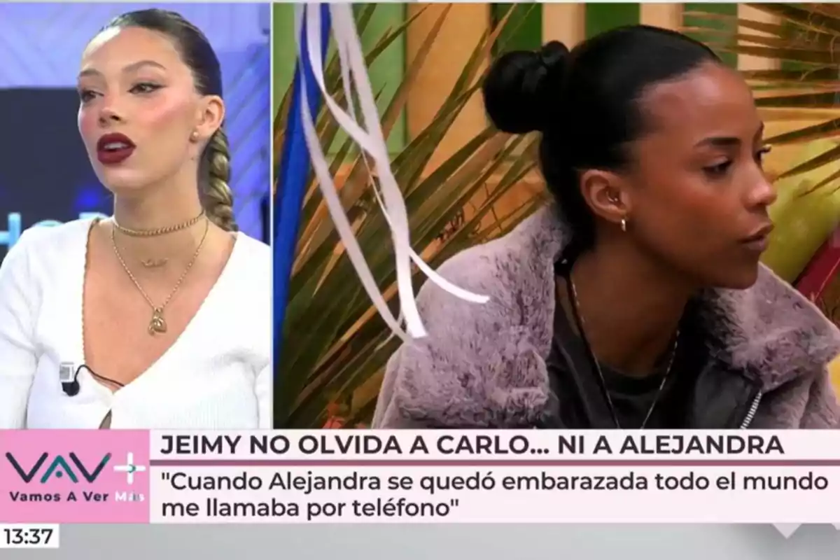 Alejandra Rubio y Jeimy Báez aparecen en un programa de televisión, una de ellas está hablando mientras la otra escucha atentamente; en la parte inferior de la imagen hay un texto que menciona una situación relacionada con llamadas telefónicas y embarazo. Captura de 'Espejo Público' Alejandra Rubio y Jeimy Báez aparecen en un programa de televisión, una de ellas está hablando mientras la otra escucha atentamente; en la parte inferior de la imagen hay un texto que menciona una situación relacionada con llamadas telefónicas y embarazo. Captura de 'Espejo Público'