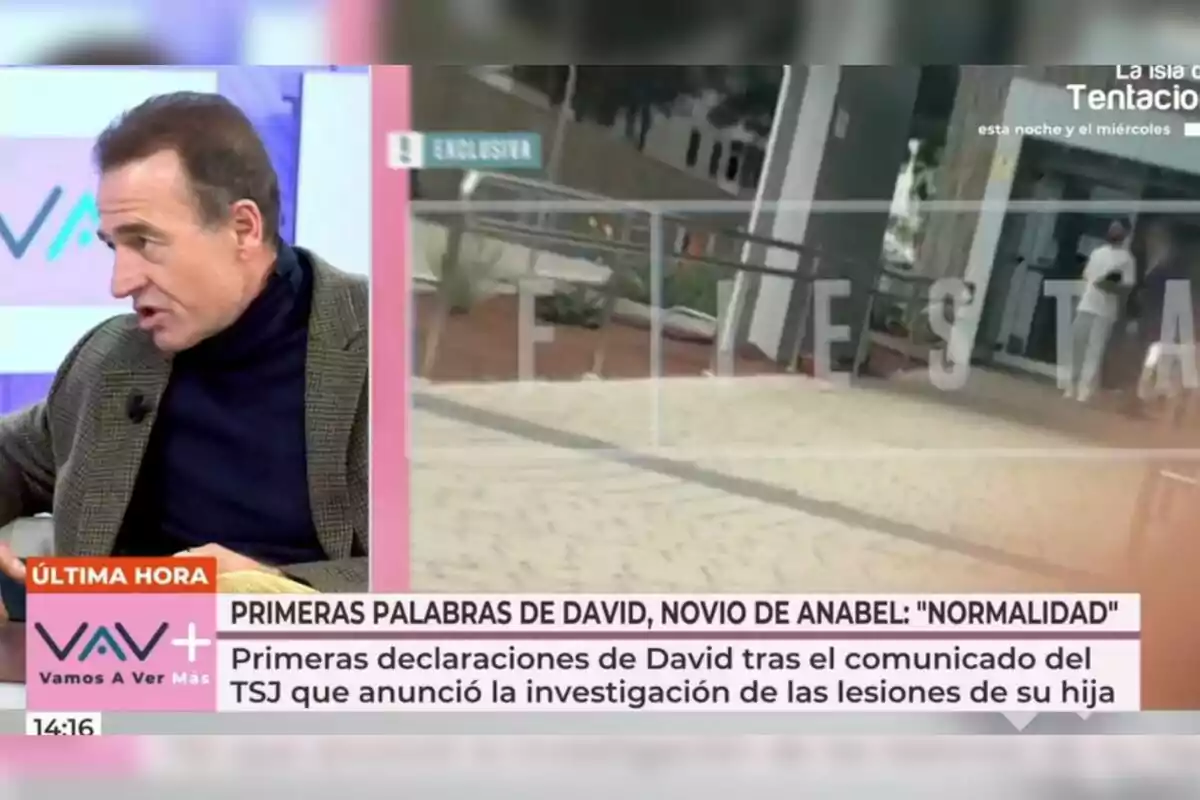 Alessandro Lequio hablando en un programa de televisión con un gráfico que muestra una noticia sobre las declaraciones de una persona llamada David. Captura de 'Vamos a ver' Alessandro Lequio hablando en un programa de televisión con un gráfico que muestra una noticia sobre las declaraciones de una persona llamada David. Captura de 'Vamos a ver'