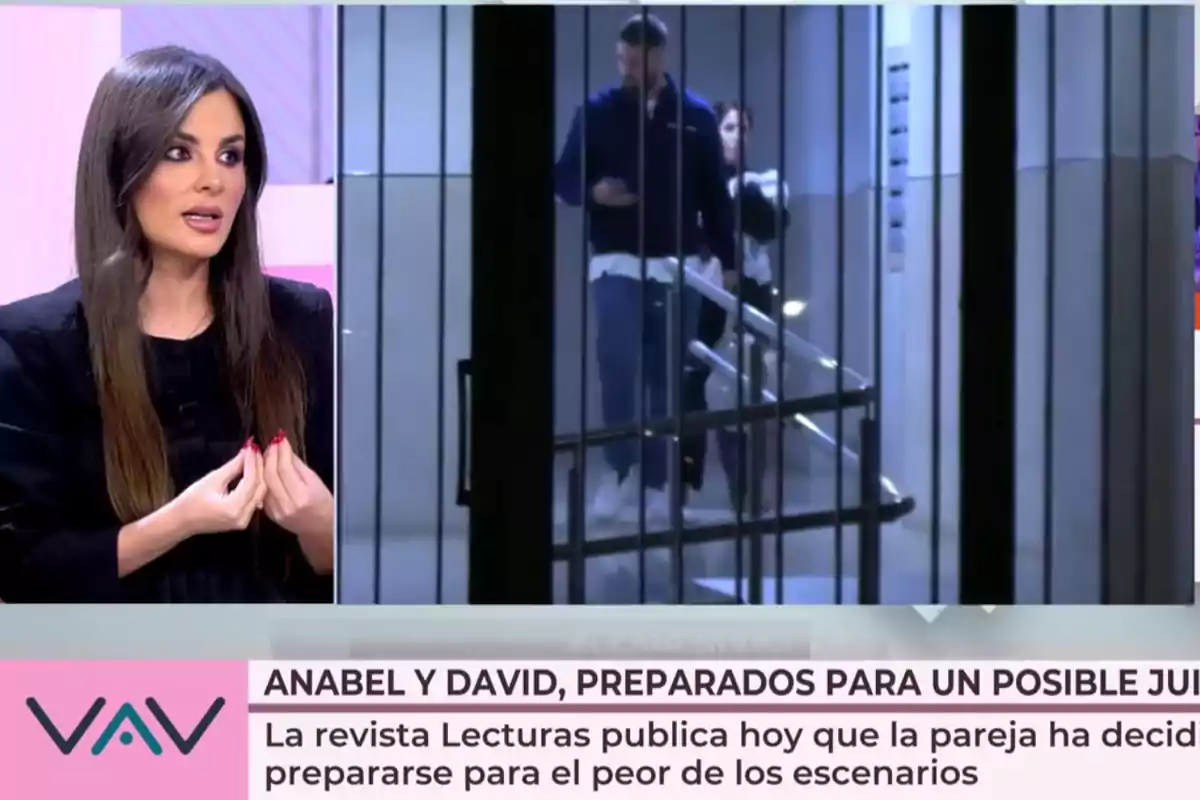 Alexia Rivas hablando en un programa de televisión con una imagen de fondo que muestra a David Rodríguez y Anabel Pantoja saliendo de un edificio. Captura de 'Vamos a ver' Alexia Rivas hablando en un programa de televisión con una imagen de fondo que muestra a David Rodríguez y Anabel Pantoja saliendo de un edificio. Captura de 'Vamos a ver'