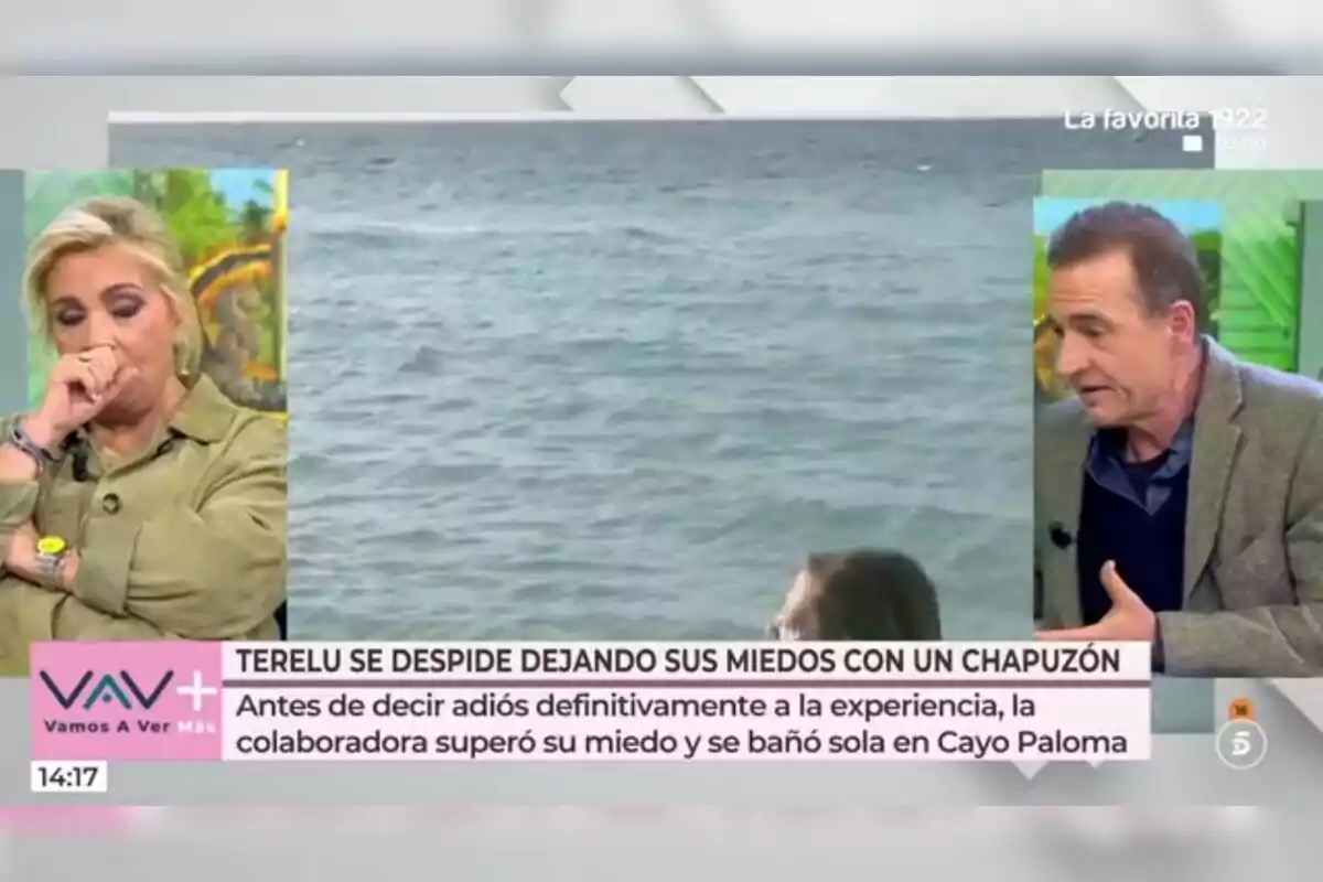 Carmen Borrego y Alessandro Lequio conversan en un programa de televisión mientras se muestra una imagen de Terelu Campos nadando en el mar. Captura de 'Vamos a ver' Carmen Borrego y Alessandro Lequio conversan en un programa de televisión mientras se muestra una imagen de Terelu Campos nadando en el mar. Captura de 'Vamos a ver'