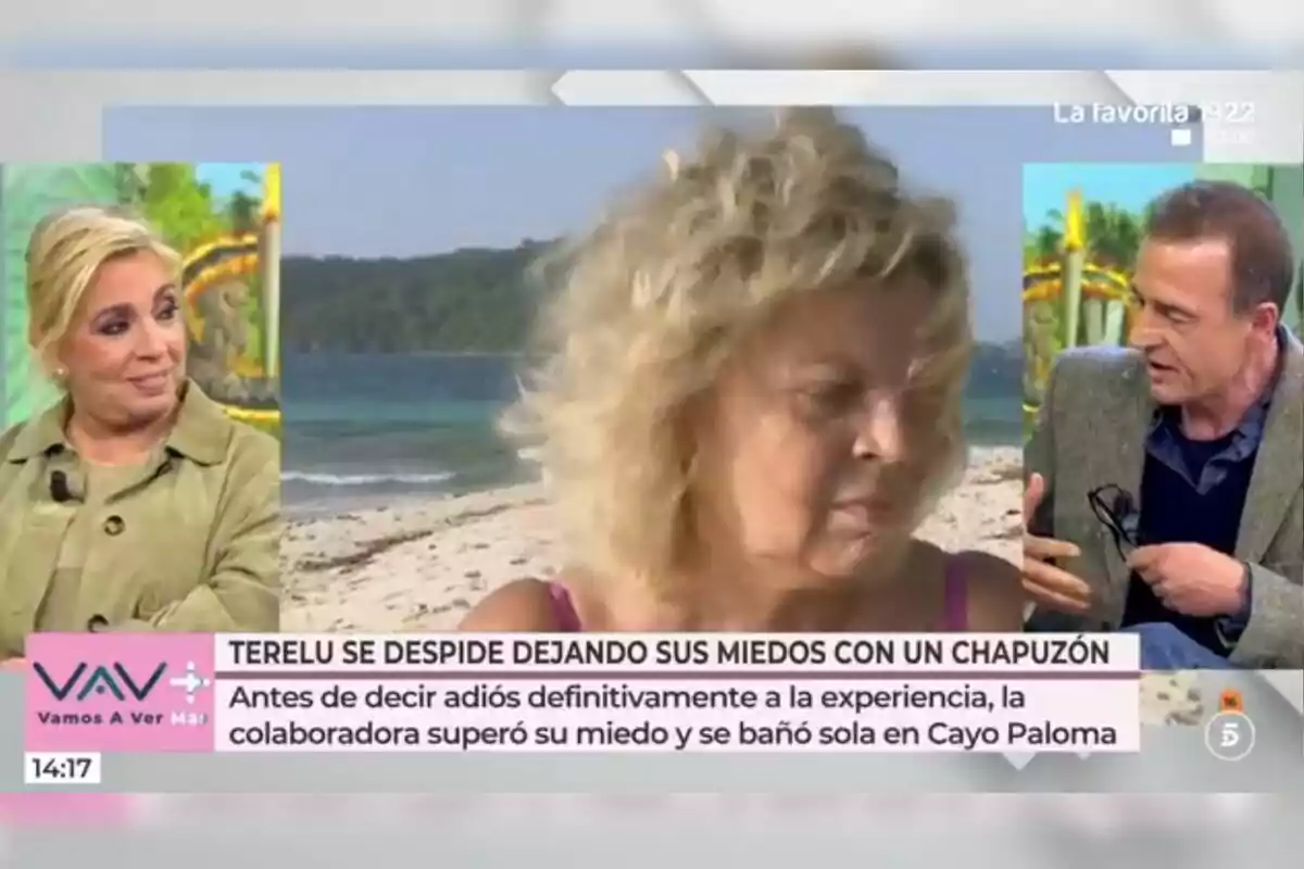 En la imagen se observa un programa de televisión donde Carmen Borrego y Alessandro Lequio conversan mientras en el centro se muestra a Terelu Campos en la playa, con un texto en la parte inferior que habla sobre superar miedos. Captura de 'Vamos a ver' En la imagen se observa un programa de televisión donde Carmen Borrego y Alessandro Lequio conversan mientras en el centro se muestra a Terelu Campos en la playa, con un texto en la parte inferior que habla sobre superar miedos. Captura de 'Vamos a ver'
