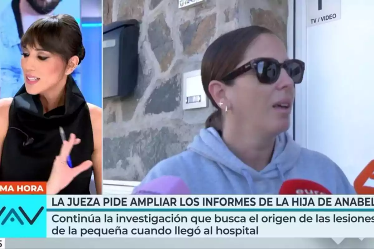 Patricia Pardo és en un estudi mentre Anabel Pantoja amb ulleres de sol és entrevistada a fora; el text en pantalla menciona que una jutgessa sol·licita ampliar els informes relacionats amb la filla d'Anabel i que la investigació continua per determinar l'origen de les lesions de la nena en arribar a l'hospital. Captura de 'Vamos a ver' Patricia Pardo és en un estudi mentre Anabel Pantoja amb ulleres de sol és entrevistada a fora; el text en pantalla menciona que una jutgessa sol·licita ampliar els informes relacionats amb la filla d'Anabel i que la investigació continua per determinar l'origen de les lesions de la nena en arribar a l'hospital. Captura de 'Vamos a ver'