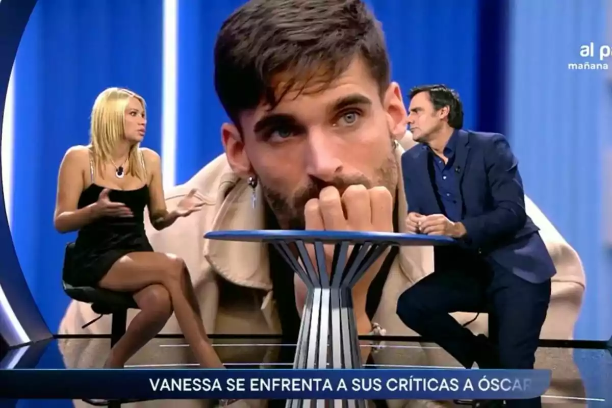 Vanessa i Ion Aramendi asseguts al plató de Gran Hermano amb una imatge de fons d'Edi pensatiu a la casa. Vanessa i Ion Aramendi asseguts al plató de Gran Hermano amb una imatge de fons d'Edi pensatiu a la casa.