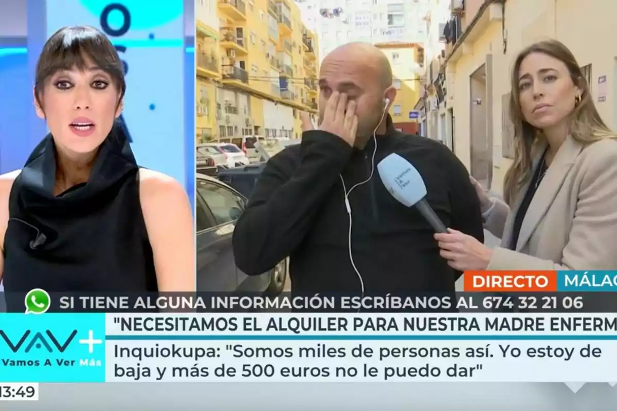 Patricia Pardo en un estudio y una reportera entrevistando a un hombre en la calle, con texto en pantalla sobre una situación de alquiler en 'Vamos a ver'. Patricia Pardo en un estudio y una reportera entrevistando a un hombre en la calle, con texto en pantalla sobre una situación de alquiler en 'Vamos a ver'.