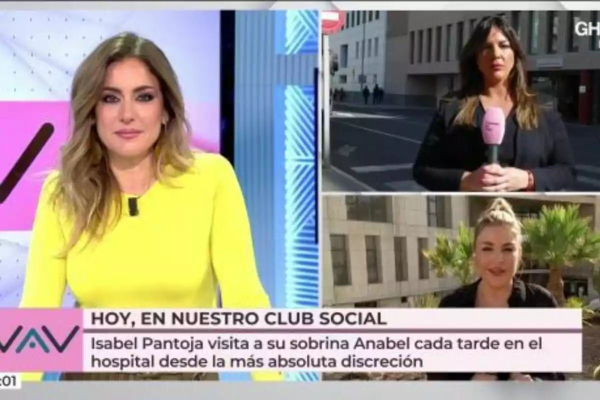 Verónica Dulanto a Vamos a ver amb dues reporteres a exteriors, Adriana Dorronsoro amb un micròfon i Giovanna González en un entorn amb palmeres, amb un text en pantalla sobre una visita a l'hospital. Verónica Dulanto a Vamos a ver amb dues reporteres a exteriors, Adriana Dorronsoro amb un micròfon i Giovanna González en un entorn amb palmeres, amb un text en pantalla sobre una visita a l'hospital.