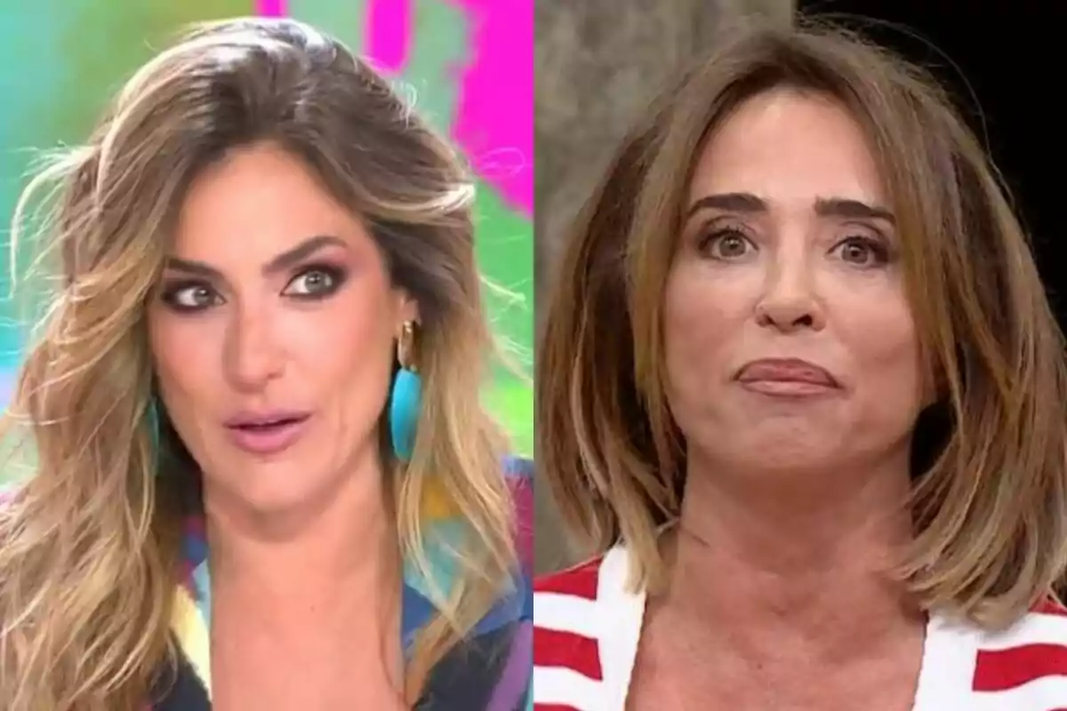 Verónica Dulanto en Tardear y María Patiño en La Familia de la Tele con expresiones faciales diferentes, una con cabello largo y otra con cabello corto.
