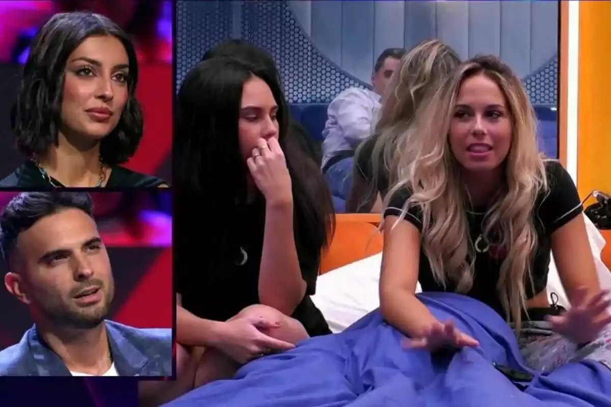 Marieta i Suso Álvarez des del plató de Gran Hermano en dos requadres observant una conversa entre Violeta i Nerea en un llit a la casa. Marieta i Suso Álvarez des del plató de Gran Hermano en dos requadres observant una conversa entre Violeta i Nerea en un llit a la casa.