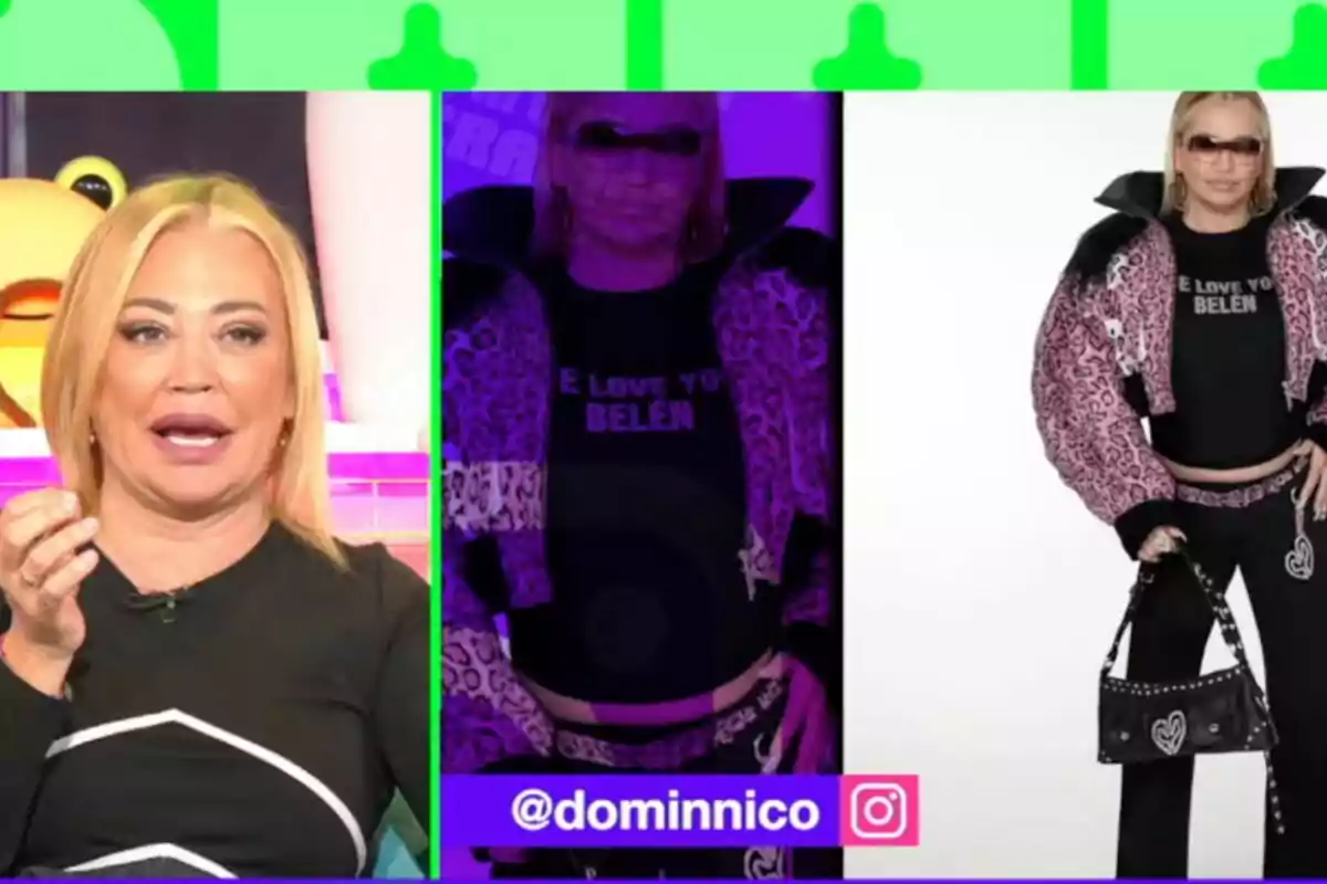Belén Esteban con cabello rubio está hablando en 'Ni que fuéramos shhh', mientras que a su lado se muestra una imagen de la misma persona vistiendo un conjunto de ropa con estampado de leopardo y gafas oscuras. Belén Esteban con cabello rubio está hablando en 'Ni que fuéramos shhh', mientras que a su lado se muestra una imagen de la misma persona vistiendo un conjunto de ropa con estampado de leopardo y gafas oscuras.