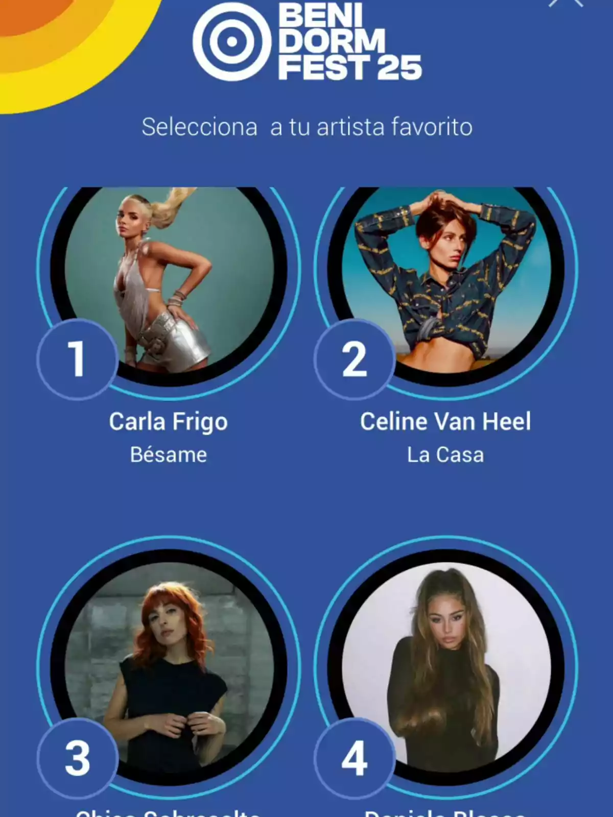 Imagen promocional del Benidorm Fest 25 con cuatro artistas: Carla Frigo, Celine Van Heel, Chico sobresalto y Daniela Blasco, cada uno con su respectivo número y título de canción. Imagen promocional del Benidorm Fest 25 con cuatro artistas: Carla Frigo, Celine Van Heel, Chico sobresalto y Daniela Blasco, cada uno con su respectivo número y título de canción.