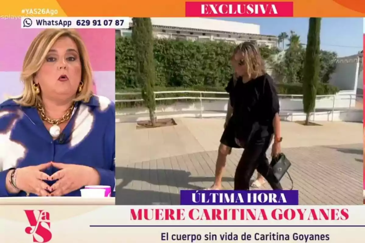 Captura de 'Y ahora Sonsoles' con Pilar Vidal hablando en plató e imágenes de Caritina Goyanes el 26 de agosto de 2024 Captura de 'Y ahora Sonsoles' con Pilar Vidal hablando en plató e imágenes de Caritina Goyanes el 26 de agosto de 2024