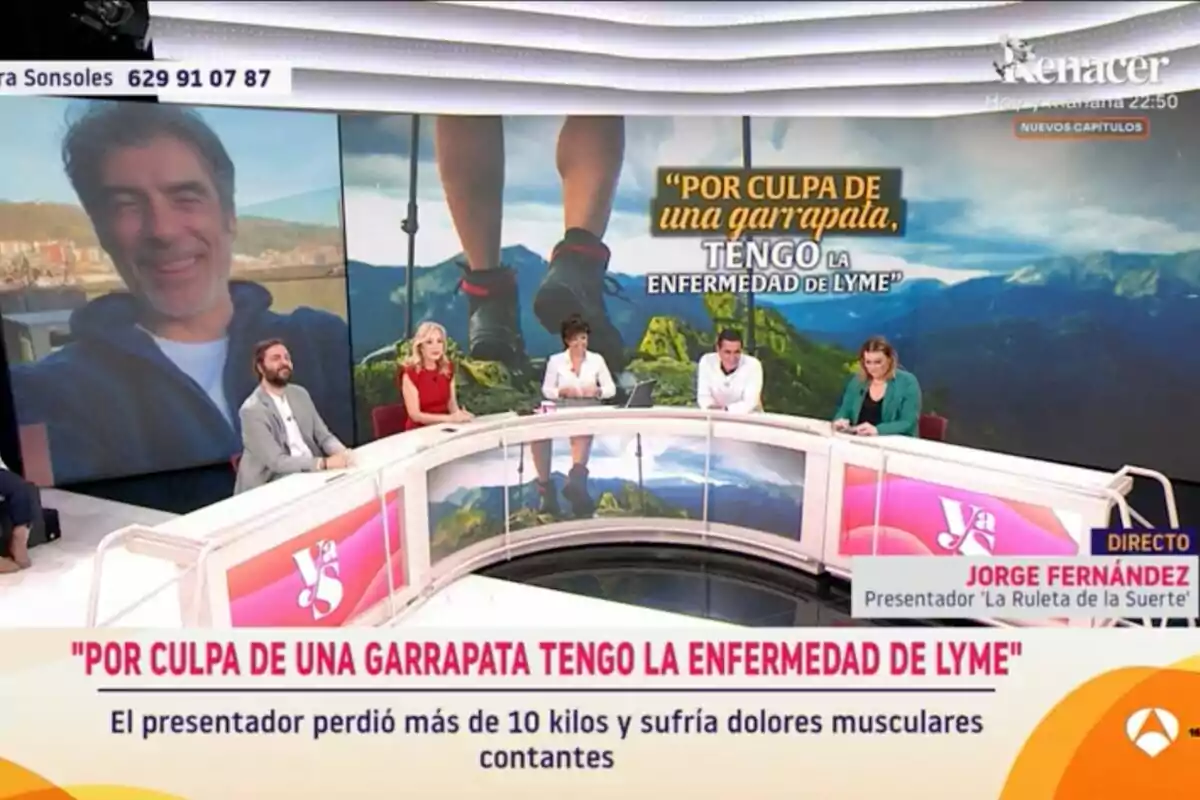 'Y ahora Sonsoles' con un panel de presentadores discutiendo sobre la enfermedad de Lyme, con una imagen de fondo de Jorge Fernández y un paisaje montañoso. 'Y ahora Sonsoles' con un panel de presentadores discutiendo sobre la enfermedad de Lyme, con una imagen de fondo de Jorge Fernández y un paisaje montañoso.
