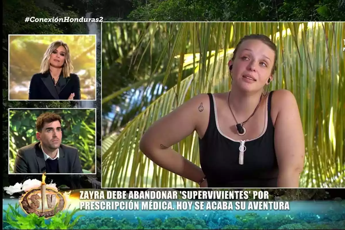 Captura de Zayra Gutiérrez llorando con unas palmeras de fondo en Supervivientes junto a Sandra Barneda y su novio Captura de Zayra Gutiérrez llorando con unas palmeras de fondo en Supervivientes junto a Sandra Barneda y su novio